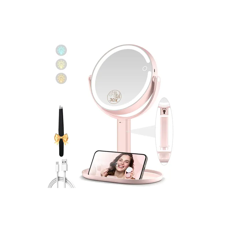 Momokuba Miroir Maquillage Lumineux Rose – Double Face 1x/30x, LED 3 Couleurs, Rotation 360°, Rechargeable