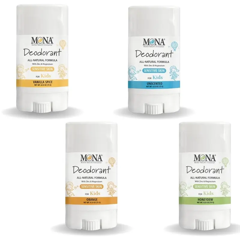MONA Déodorant Enfants – Pack 4 Senteurs Format Mini Voyage (0,53 oz) | Naturel et Hypoallergénique