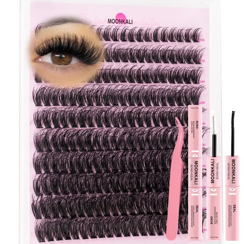 MOONKALI Kit Clusters Cils Mink Effet Plumeux 60D D-Curl – Étanche, Colle et Scellant