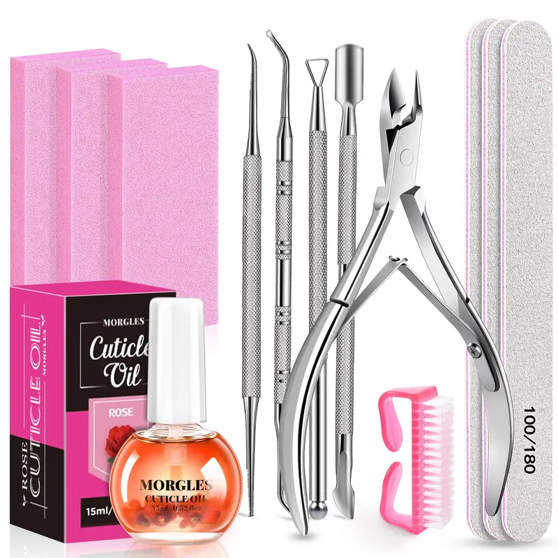 MORGLES Kit Cuticule et Outils Manucure – Lime À Ongles 100/180, Huile Cuticule Rose, Coupe-Cuticule Inox
