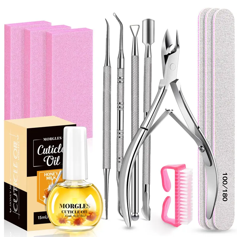MORGLES Kit Manucure 13 pièces – Lime à ongles, blocs buffer et huile cuticule lait miel