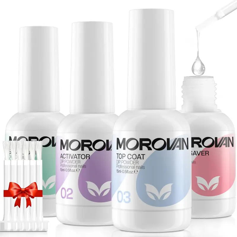 Morovan Dip Powder Liquid Set – Base, Top Coat, Activateur et Soin des Pinceaux, Kit Dip Ongles 4 pièces 0,5 oz