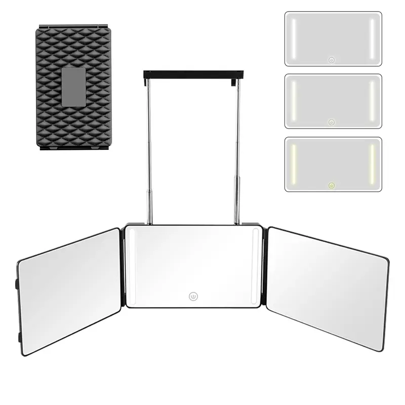 Moruedtu Miroir 3 Voies avec LED et Vue 360° – Miroir Barbier Portable (Noir)