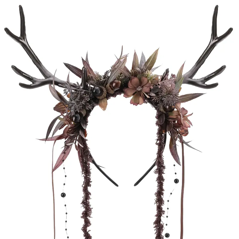 MOSTORY Couronne Cerf Fleurs Noires – Antlers Gothiques avec Vigne pour Cosplay Renaissance et Esthétique Forestière