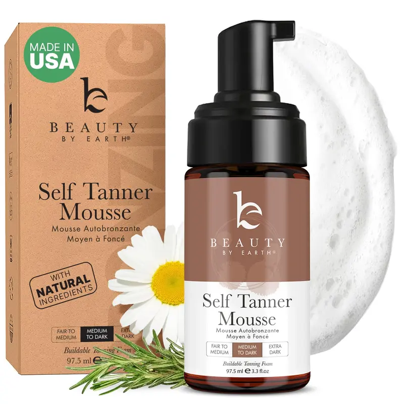 Mousse auto-bronzante Beauty by Earth – Fabriqué aux États‑Unis, Ingrédients naturels et biologiques, Teint doré sans traces