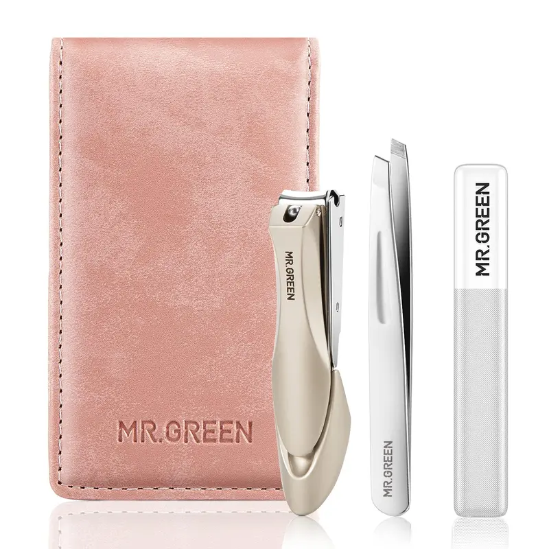 MR.GREEN Ciseaux à ongles 3 pièces - Ensemble manucure pédicure inox 420J2, lime verre nano, étui cuir rose
