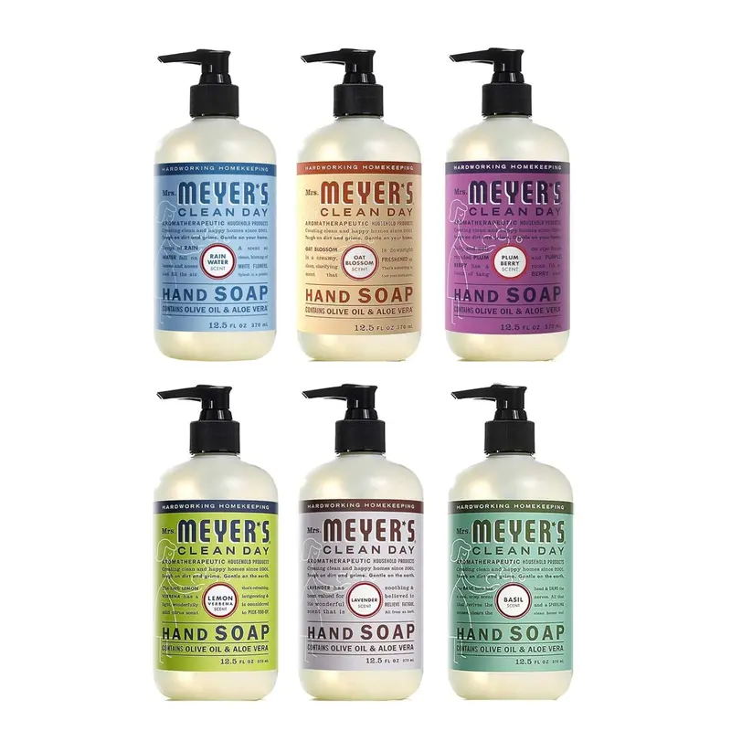 Mrs. Meyer's Clean Day – Lot de 6 Savons liquides pour les mains parfumés (Lavande, Eau de Pluie, Fleur d'Avoine, Prunier, Verveine Citronnée, Basilic), 375 ml chacun