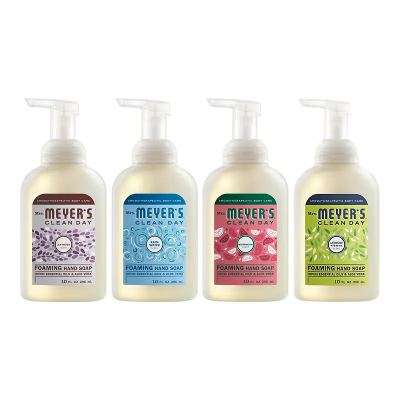 Mrs. MEYER'S CLEAN DAY Pack Varié de 4 Savons Mains Moussants – 10 oz chacun (Eau de Pluie, Lavande, Verveine Citronnée, Pastèque)