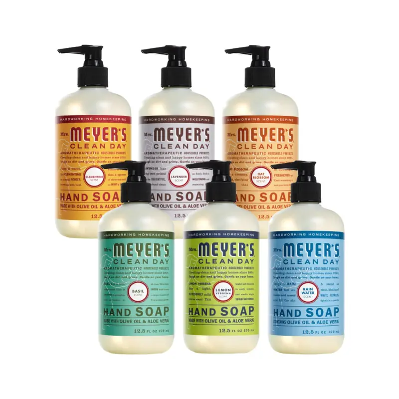 Mrs. MEYER'S Clean Day – Pack Variété Savon Liquide pour les Mains (12,5 oz chacun) – Clémentine, Basilic, Lavande, Eau de Pluie, Avoine fleurie et Verveine citronnée