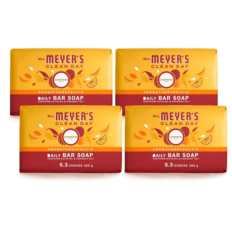 MRS. MEYER'S CLEAN DAY Savon en Barre Clementine – usage mains et corps, huiles essentielles, 5,3 oz, 4 barres