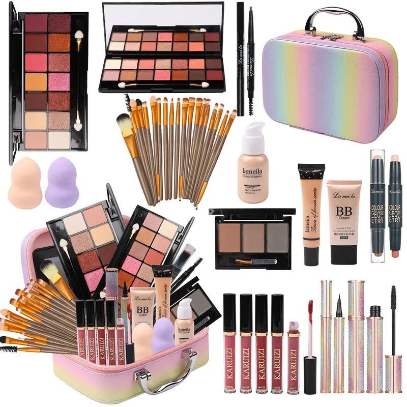 MTDXILTAI Coffret Maquillage Arc-en-Ciel pour Filles – Palette Ombres, Gloss et Trousse Rose