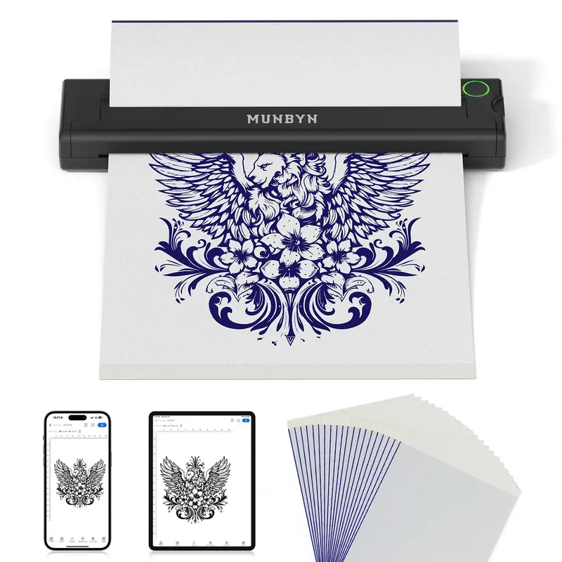 MUNBYN ITP05 – Imprimante stencil tatouage sans fil portable, 20 papiers transfert, Android/iOS/PC