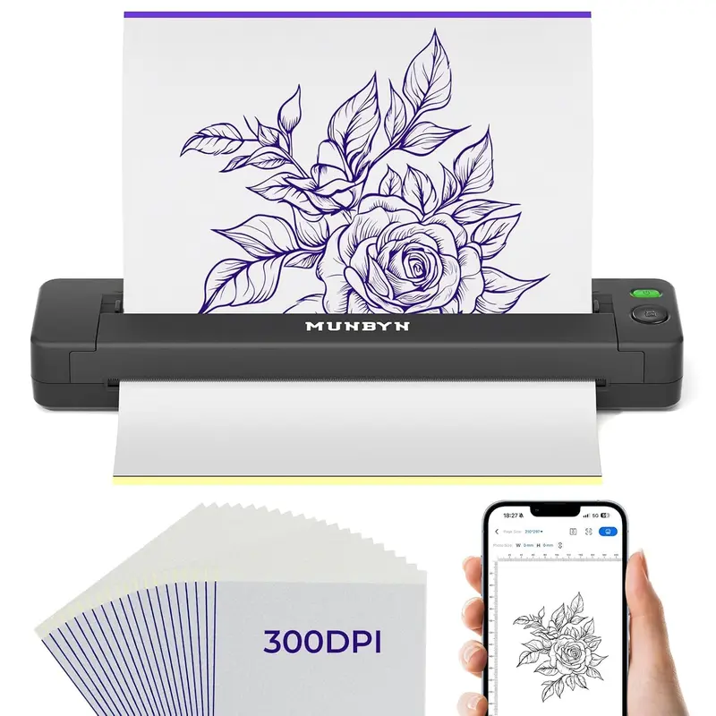 MUNBYN ITP06 Imprimante Stencil Tattoo – 300DPI, Bluetooth et USB, 20 papiers transfert