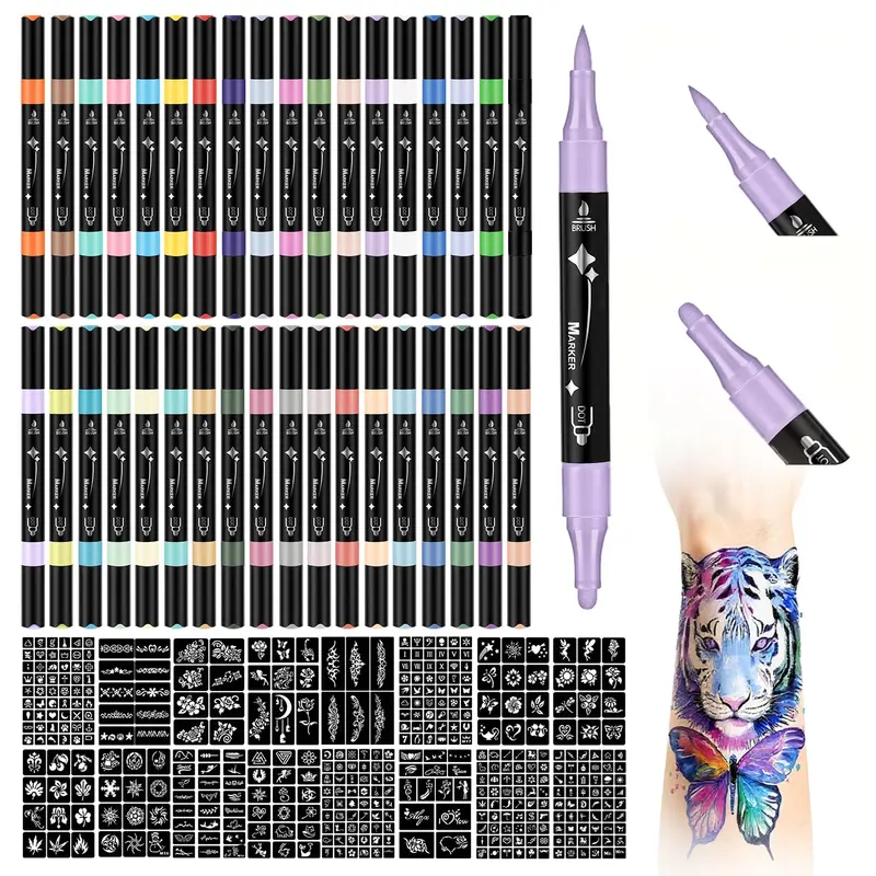 MUREND — Marqueurs temporaires pour tatouages sur peau, 36 couleurs + 612 pochoirs, stylo double pointe, sûr et cosmétique