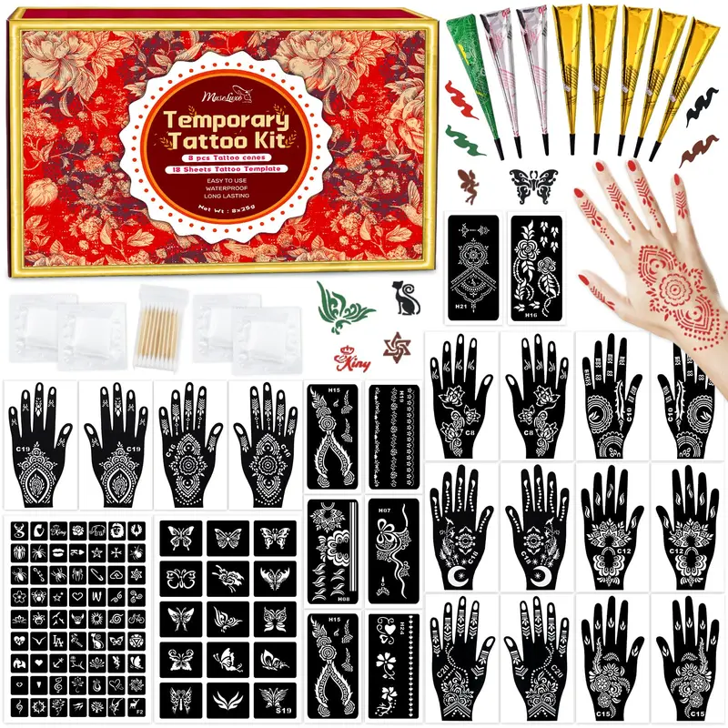 MuseLuxe Kit de Pochoirs pour Tatouages Temporaires – 8 Pièces, 4 Couleurs (Marron, Noir, Rouge Cerise, Vert)