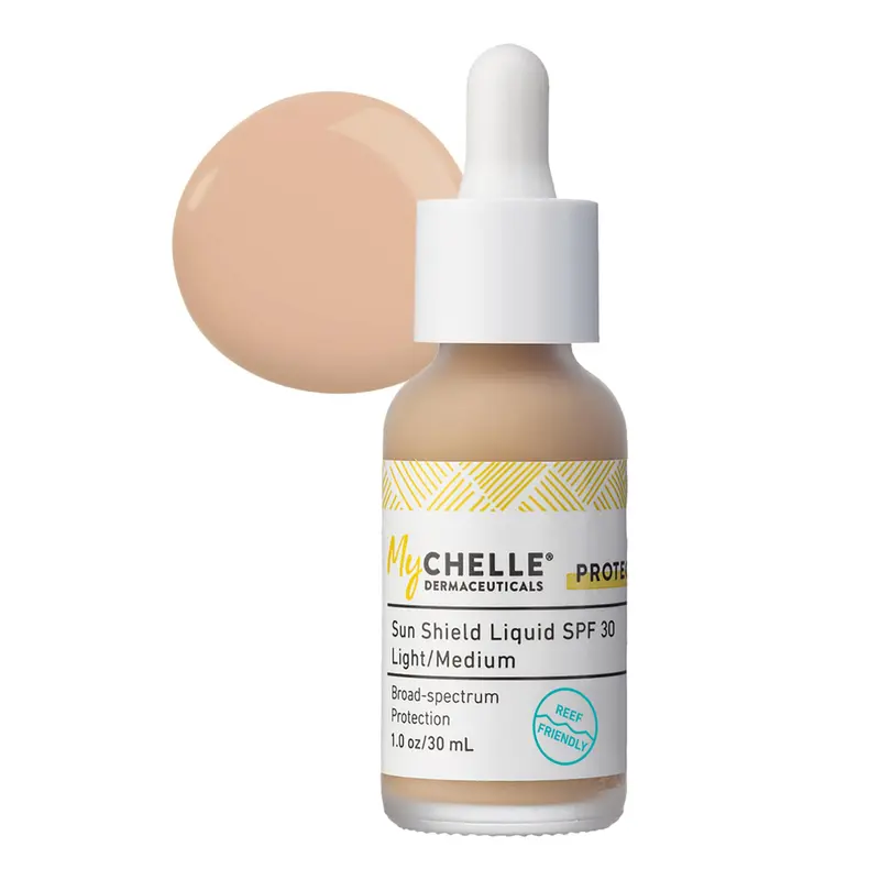 MyChelle Dermaceuticals Sun Shield Liquid Zinc SPF 30 – Teinte légère à moyenne, écran minéral et base de maquillage légère