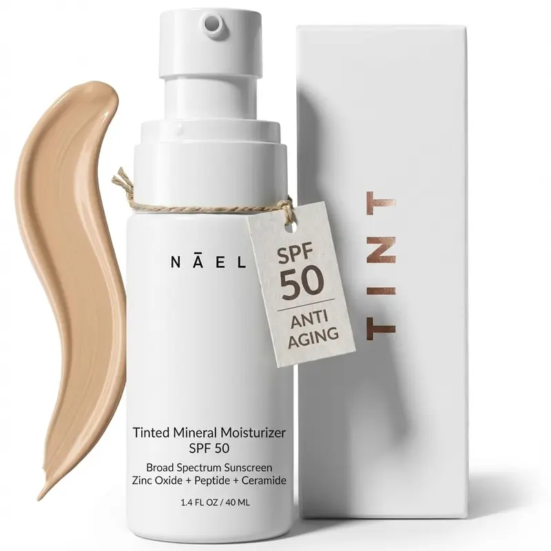 NAELI Hydratant Teinté Anti-Âge SPF 50 — Protection minérale visage, zinc oxyde, peptides et céramides, teinte universelle naturelle – 40 ml