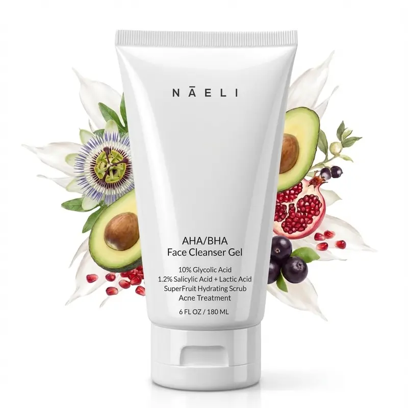 NAELI Nettoyant Exfoliant AHA/BHA – 10% Acide Glycolique et Salicylique, Gel Purifiant, Éclat et Pores Minimisés, 6 oz