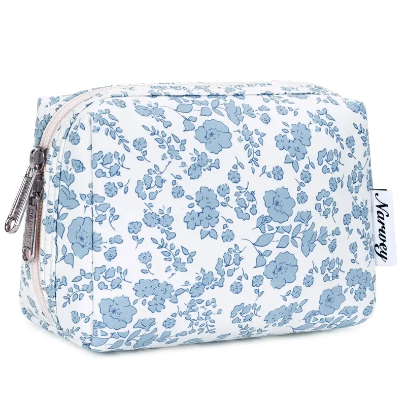 Narwey Petite Pochette Maquillage Florale — Mini Trousse Zippée Bleue à Fleurs