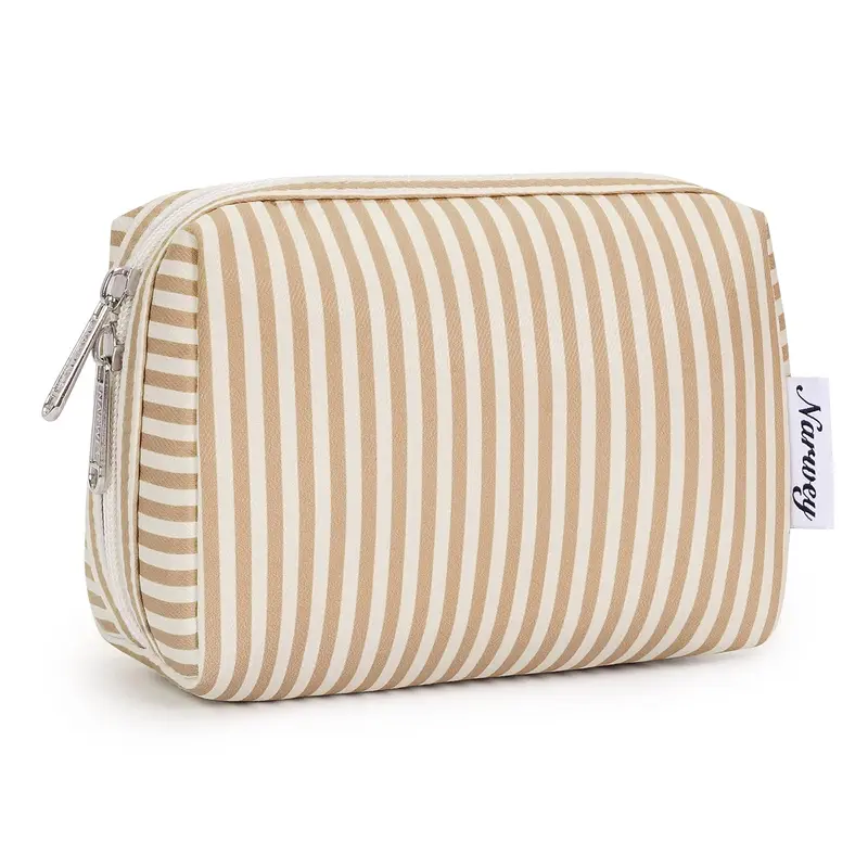 Narwey – Petite Trousse de Maquillage Rayée Brun pour Sac à Main | Pochette Mini Polyvalente