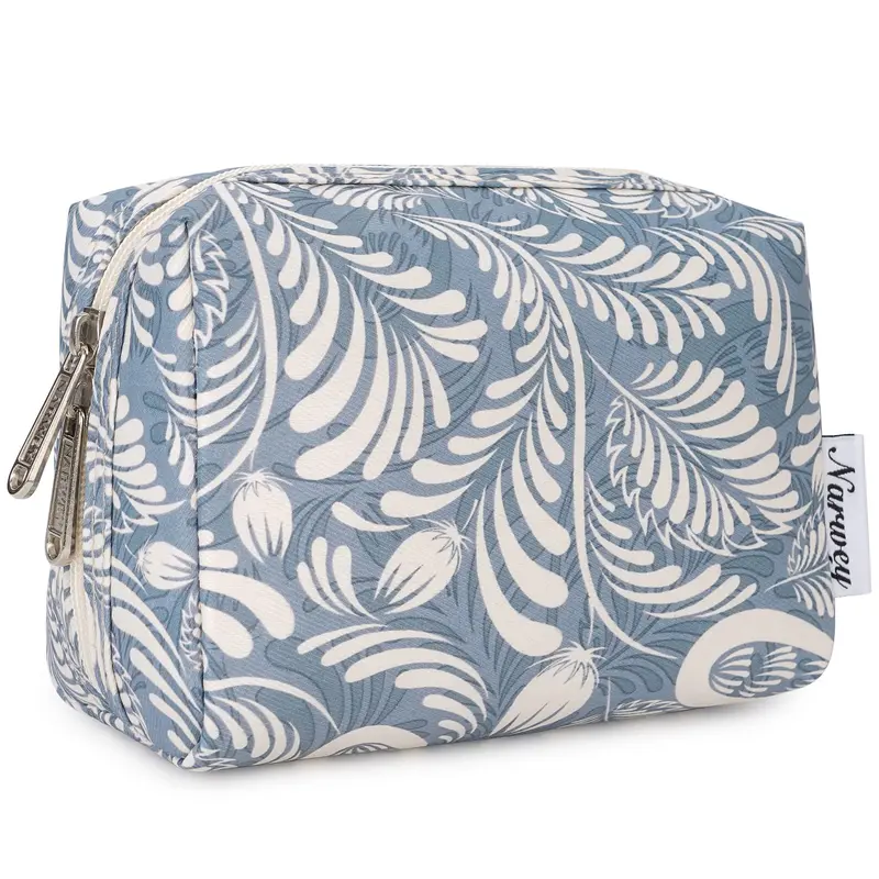 Narwey Petite Trousse Maquillage bleu-feuille – Pochette de Voyage Zippée, Compacte