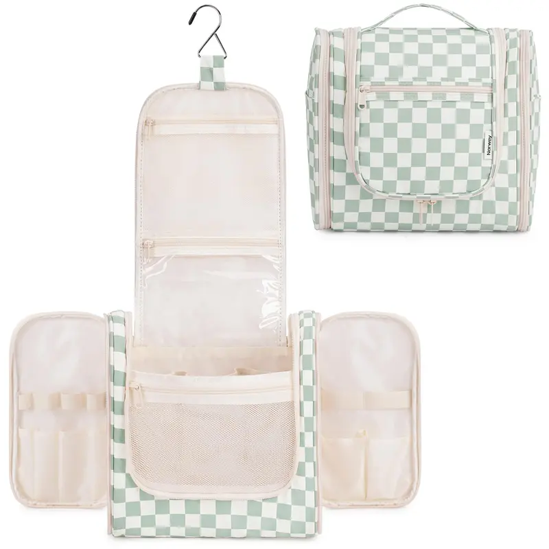 Narwey Sac de toilette suspendu pour voyage – Trousse à maquillage femme, motif vert menthe à carreaux