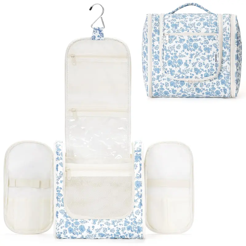 Narwey Trousse de Toilette Suspendue – Grand Format Bleu Fleuri | Organisateur de Voyage