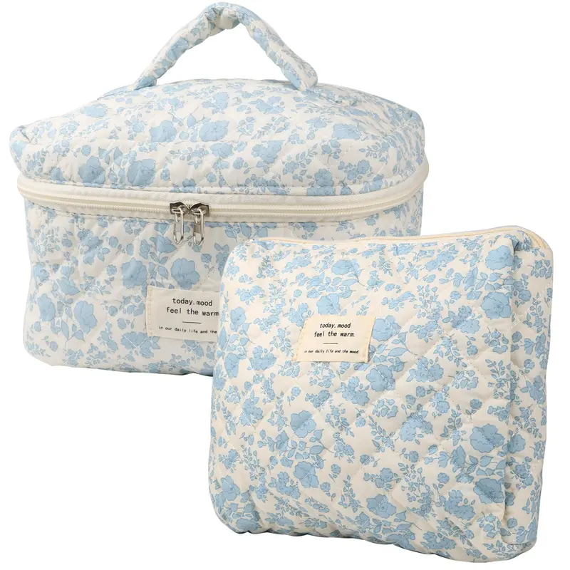 Natinsa Sac Maquillage Coquette 2 Pièces – Trousse de Toilette Velours Floral Bleu Nuit