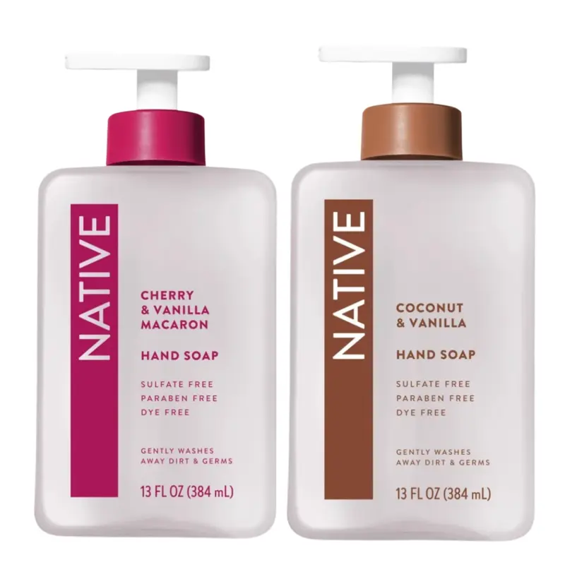 Native Duo Savons Mains – Cerise et Vanille Macaron et Coco et Vanille, Sans Sulfates, 2 × 385 ml
