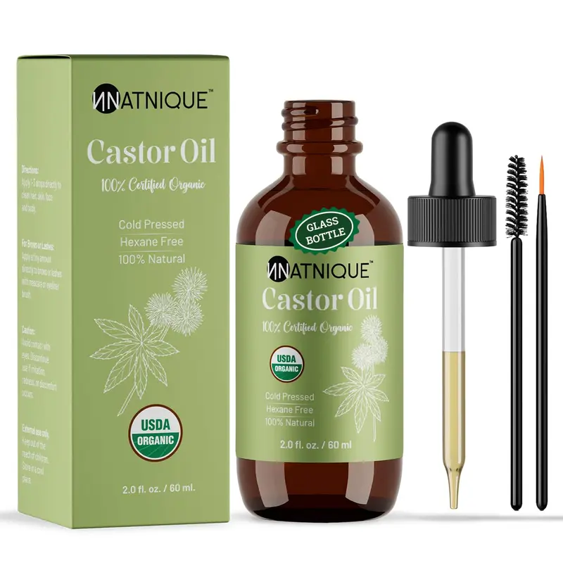 Natnique huile de ricin – certifiée USDA Biologique, pure et pressée à froid (2 oz) – soin cils, sourcils, cheveux et peau
