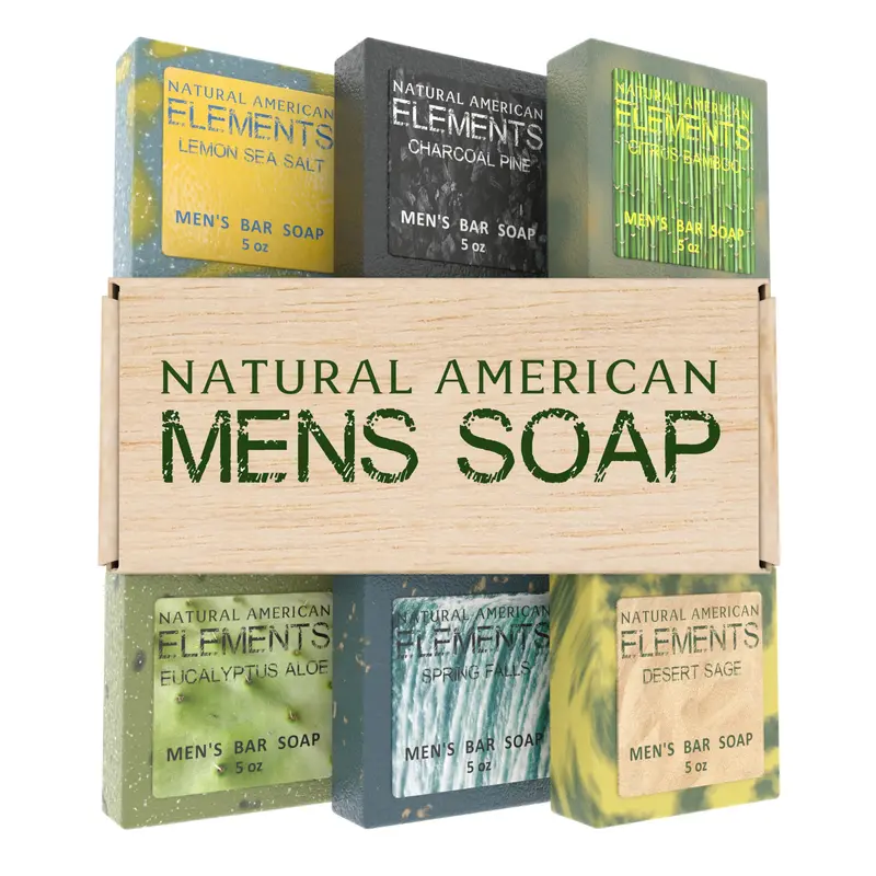NATURAL AMERICAN ELEMENTS Savon en barres pour hommes – 100% naturel, huiles essentielles, beurre de karité bio, fabriqué aux États‑Unis – 5 oz (6 barres)