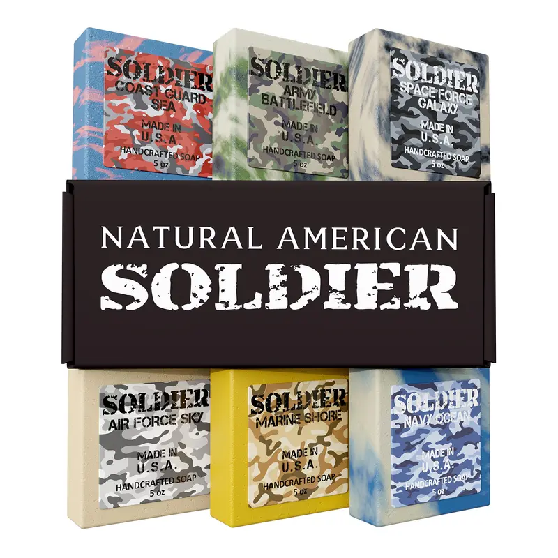 NATURAL AMERICAN SOLDIER – Savon en barre pour hommes – Senteurs masculines, 100% naturel, huiles essentielles, beurre de karité biologique – Fabriqué aux États‑Unis – Lot de 6 barres de 5 oz