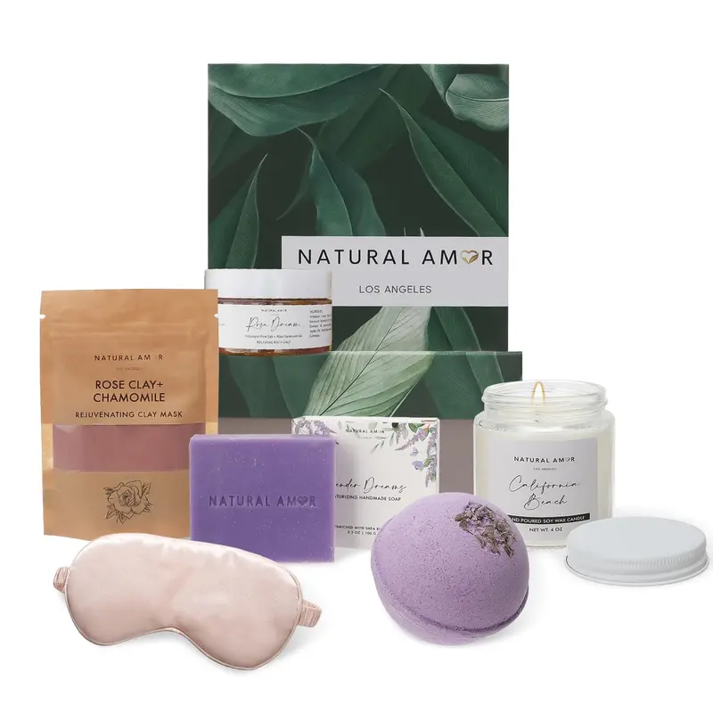 Natural Amor Los Angeles – Coffret Spa 6 Pièces pour Femmes | Savon Lavande Fait Main, Bombe de Bain, Bougie et Soins