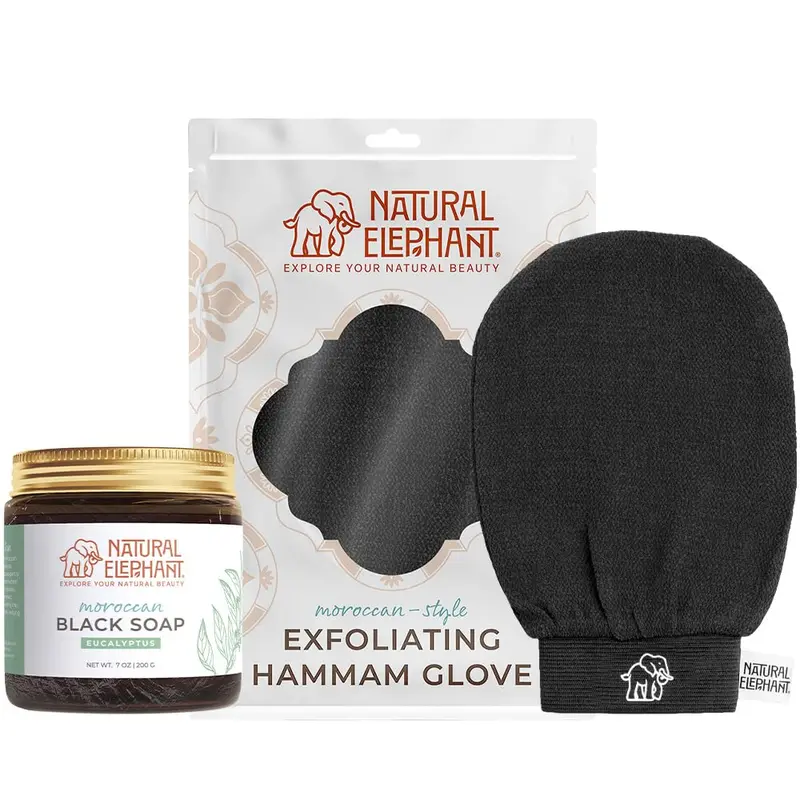 Natural Elephant Savon Noir Marocain 200 g et Gant Hammam Exfoliant – Combo Noir Pur