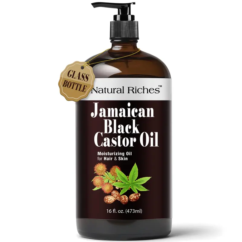 Natural Riches - Huile de Ricin Noire Jamaïcaine Pure, Pressée à Froid, Bouteille Verre 16 fl.oz – Soin Cheveux et Peau
