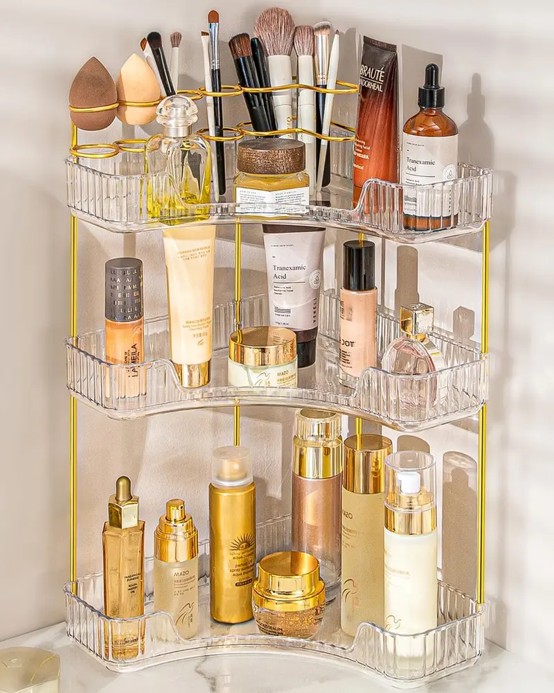 NATURE'S SOURCE Organisateur de Maquillage d’Angle – Étagère 3 Niveaux avec Porte-Pinceaux, Rangement Coin pour Vanity et Salle de Bain – Transparent