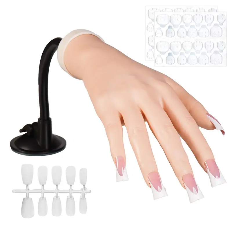 Naughtology Main pratique en silicone pour ongles en acrylique – Set 3-en-1 avec socle, 40 tips et 48 adhésifs
