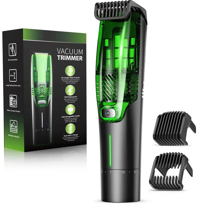 NAUQUOHZ Taille-Barbe Tout-en-Un avec Aspiration – 20 Réglages, USB-C, Étanche