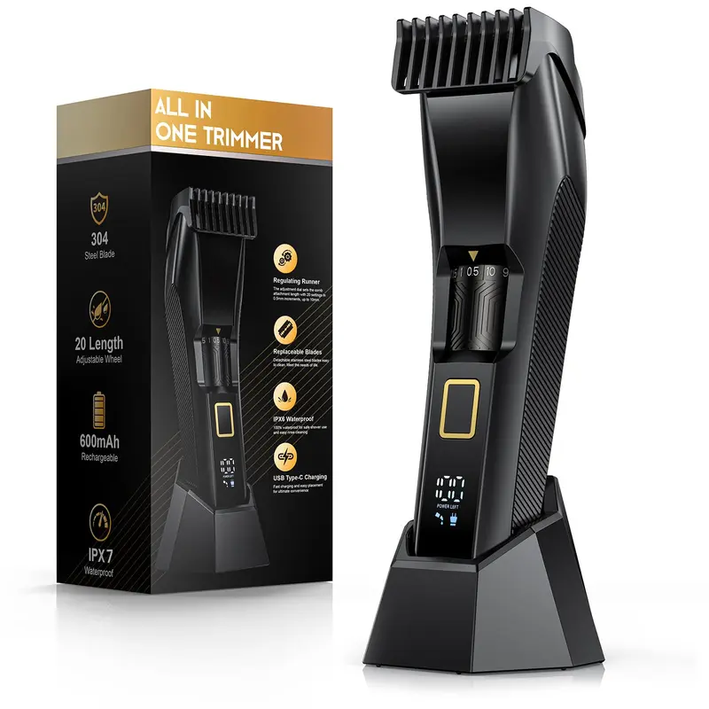 NAUQUOHZ Tondeuse Barbe Tout-en-Un – 20 Longueurs Réglables, Lame T en Acier Inoxydable, IPX7, Sans Fil, Affichage LED