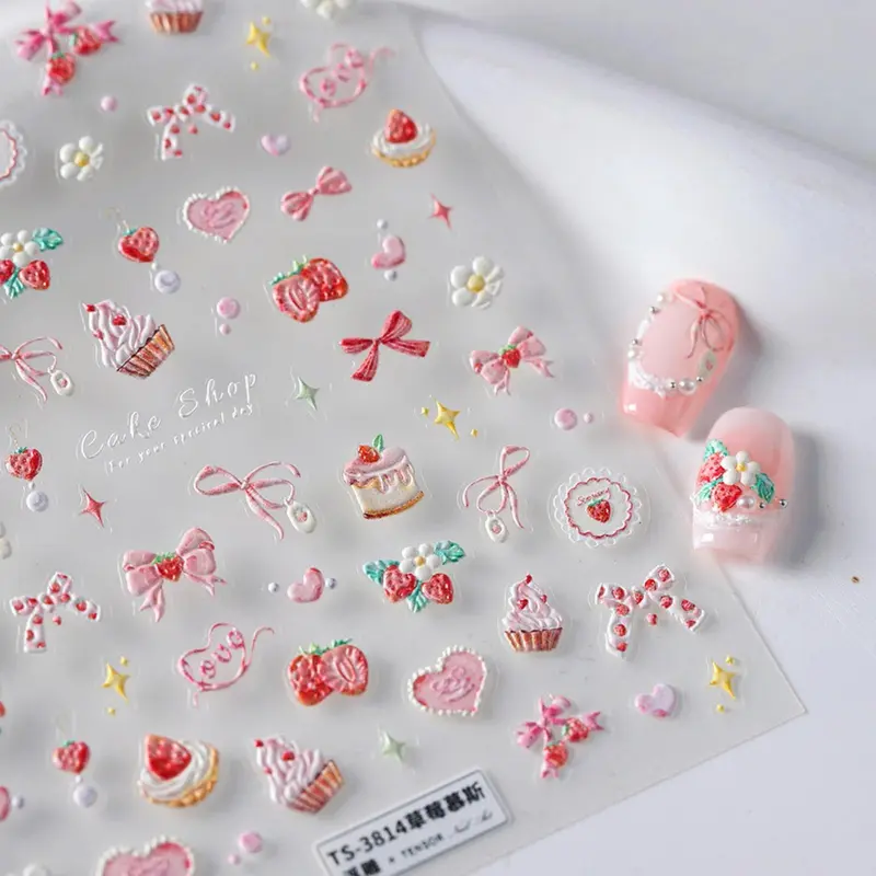 NBNTGH – Autocollants Ongles Rose 5D, motifs nœud, gâteau et fraise pour une manucure rapide et élégante