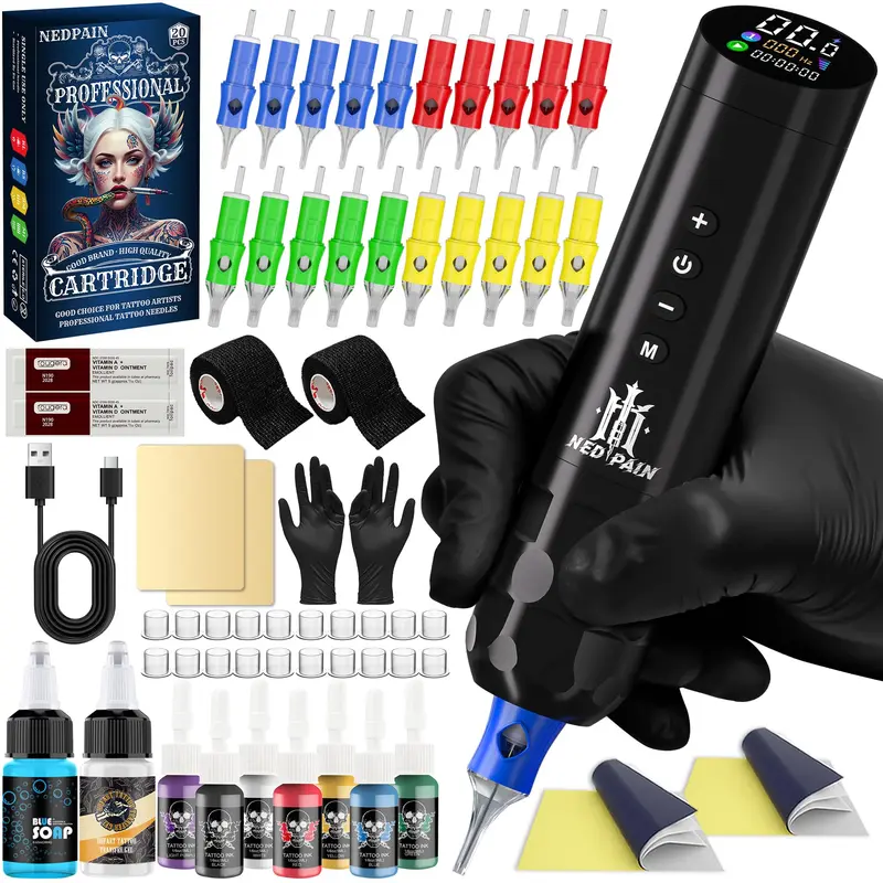NEDPAIN Kit Tatouage Sans Fil – Stylo Rotatif avec Écran OLED Incliné, Batterie 1500 mAh, 8500 tours/min, 7 Encres
