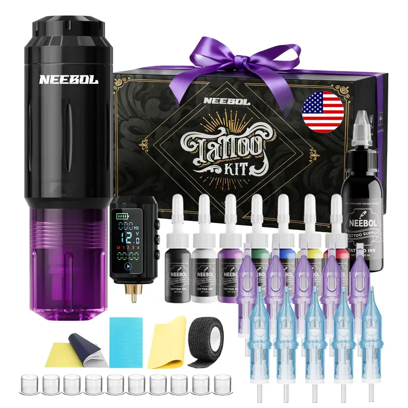 Neebol Kit de tatouage sans fil pour débutants – Stylo tatouage 1600 mAh, 10 aiguilles, encres noire et couleur