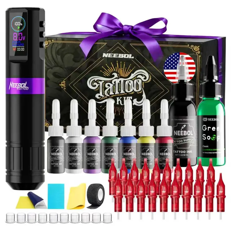 Neebol Kit Tatouage Sans Fil pour Débutants — Machine Rotative avec Écran LED, 20 Aiguilles Cartouches, 8 Encres Premium, F7