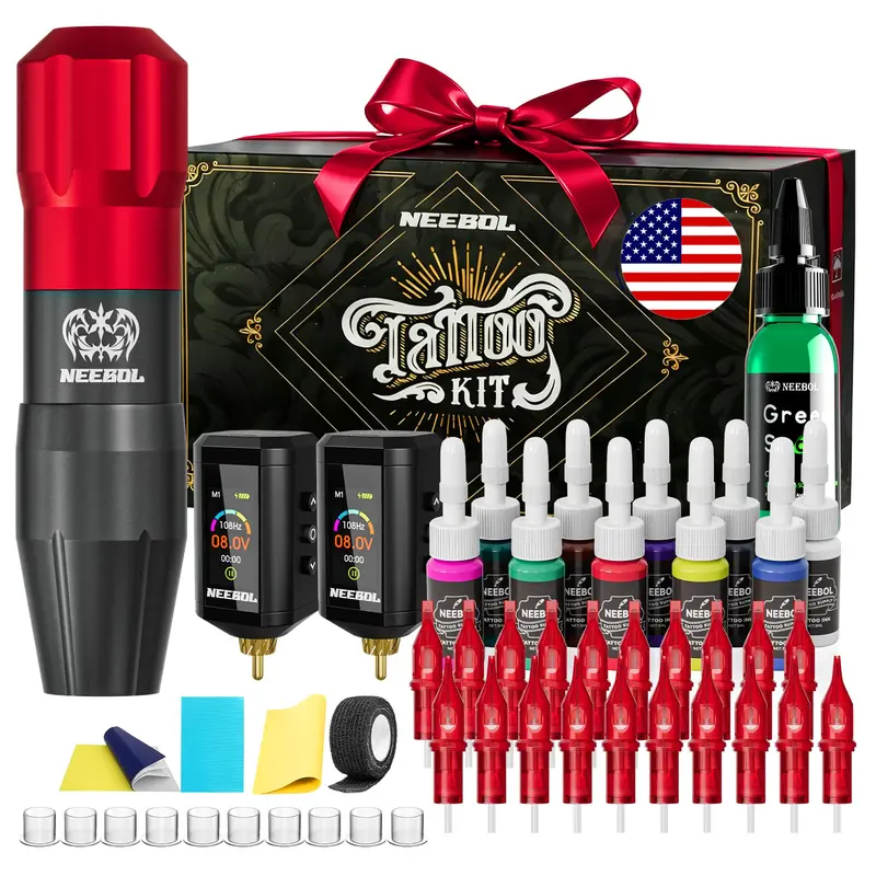 Neebol Tattoo Gun Kit Sans Fil – Pack Professionnel 2 Batteries 1600mAh + 20 Aiguilles Cartouche