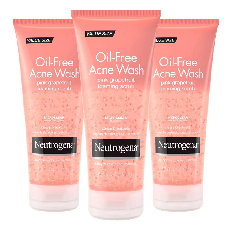 Neutrogena Nettoyant Visage Anti‑Acné Sans Huile – Pamplemousse Rose, 2% Acide Salicylique, Vitamine C, Mousse Douce, Lot de 3 tubes de 199 ml