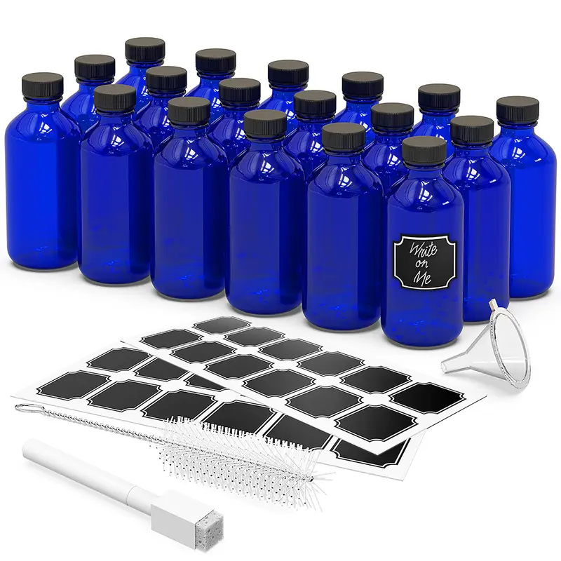 Nevlers Bouteilles en Verre 8 oz – Lot de 18, Bleu Cobalt avec Couvercles et Accessoires