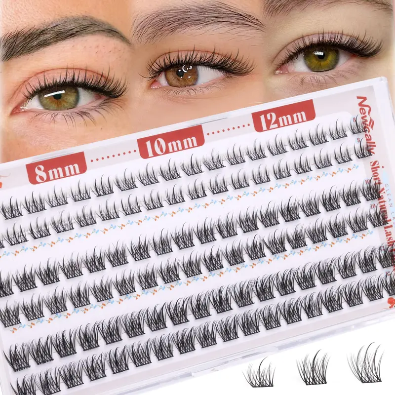 Newcally – Extensions de cils en grappes courtes 8-12 mm, boucle-C, bande ultra-fine, à domicile