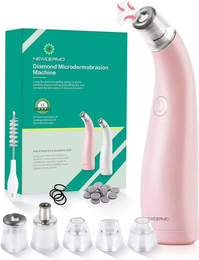 NEWDERMO 2-en-1 Microdermabrasion – Appareil Visage Diamant Rose, Recharge USB