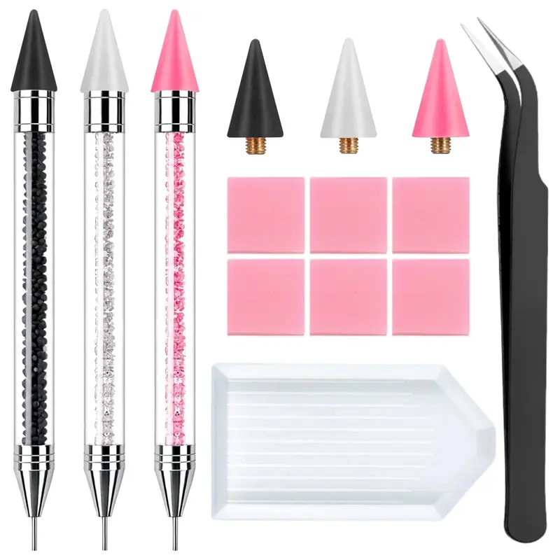 NFRBTD Kit Outils Strass 3 Pièces – Stylo cire, 3 Embouts et Plateau pour Nail Art