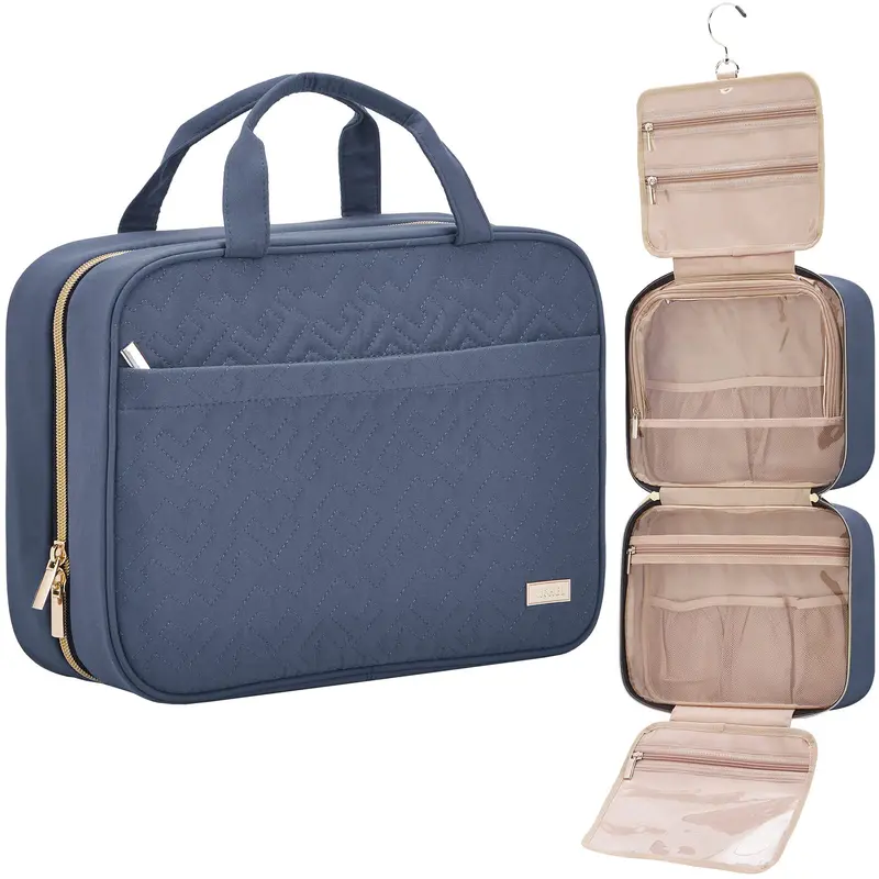 NISHEL Sac de toilette de voyage pour femmes — Organisateur suspendu grand format, fenêtre transparente, bleu Égée